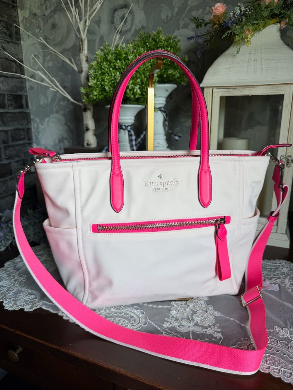 Kate Spade Cream Neoprene Hot Pink Trim Tote Bag Crossbody strap